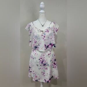 💜”Kensie” White & Purple Floral Dress w/Crisscross Neckline Detailing